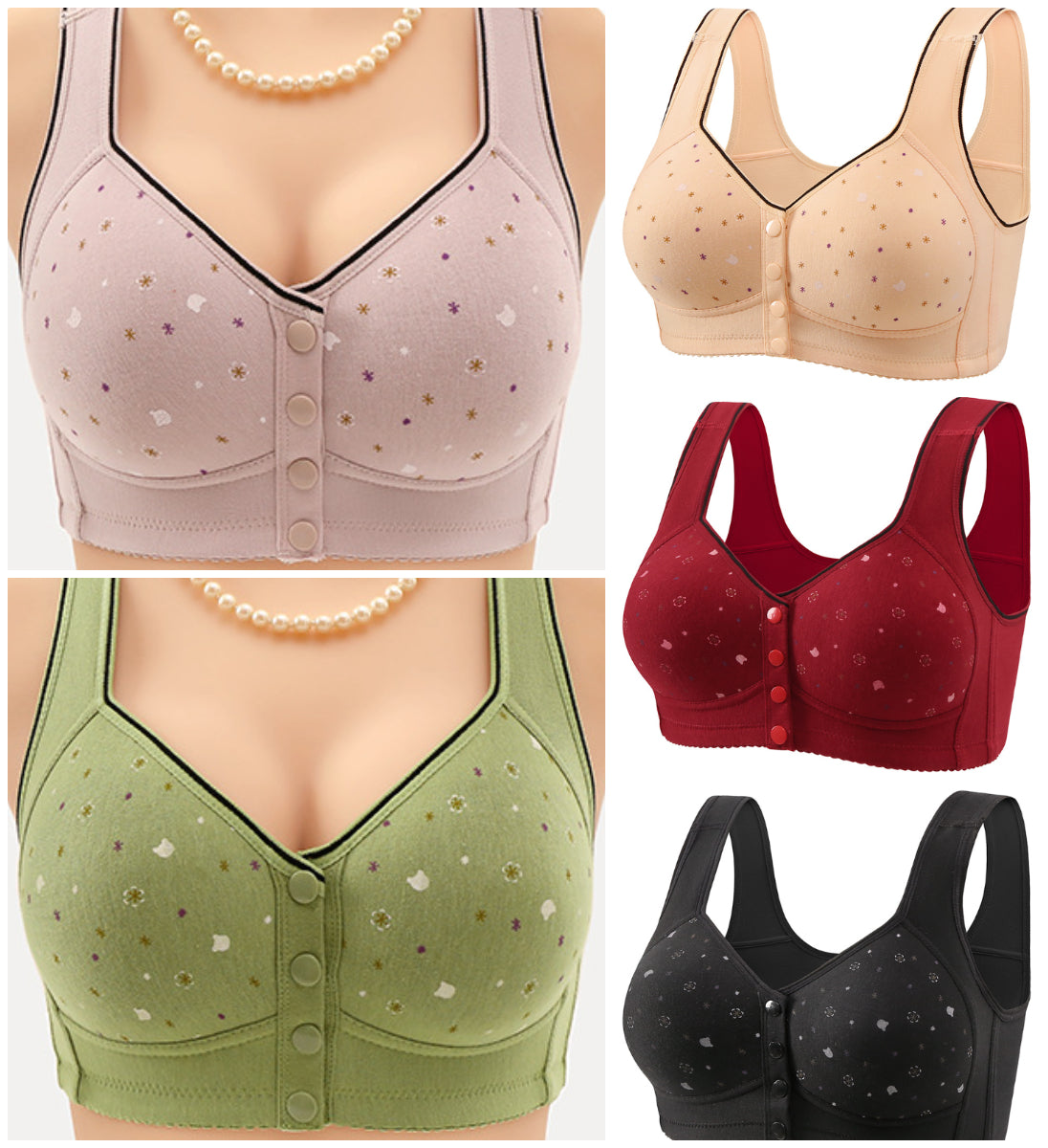 😍【5-częściowy zestaw】Biustonosz damski bez fiszbin z przednimi guzikami 【40-120 kg】❤️Wygodna antybakteryjna naturalna bawełna