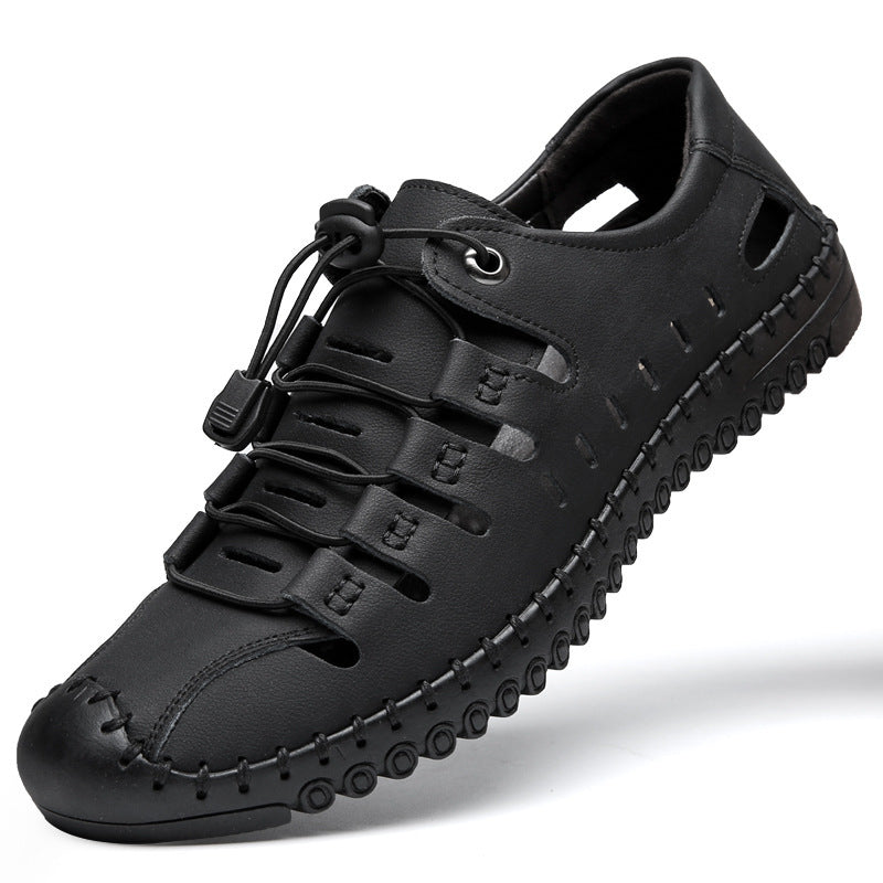 Męskie oryginalne skórzane buty z odkrytymi palcami, wydrążone, letnie, swobodne, oddychające - modne i stylowe