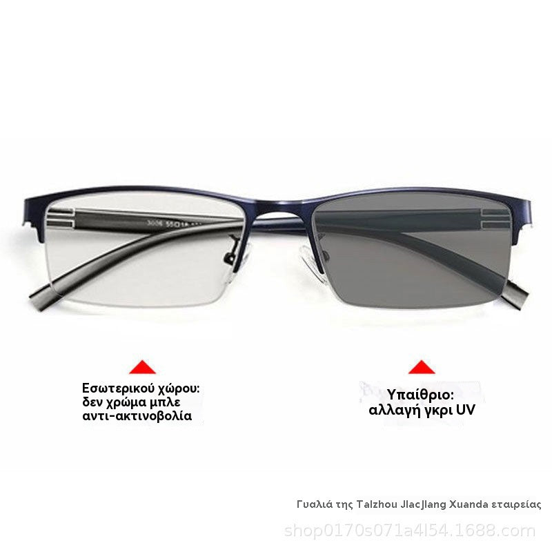 👓✨【50% zniżka】🔥 Metaliczne fotochromowe półramkowe okulary przeciwsłoneczne, antyniebieskie okulary korekcyjne, okulary przeciwsłoneczne do jazdy