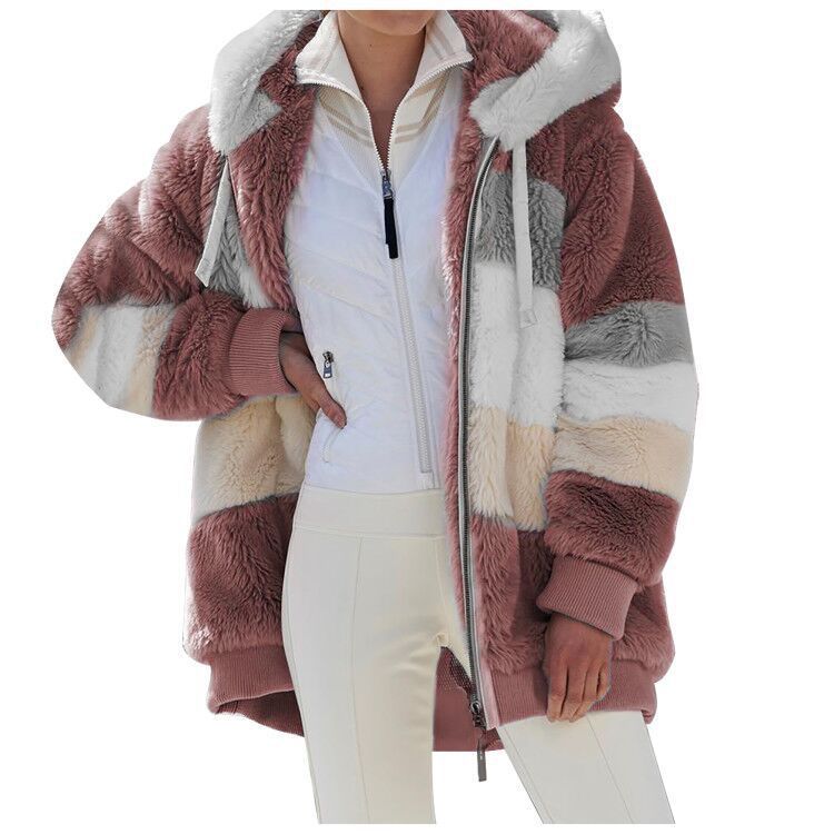 ✨【Sezónna akcia -50%】Široká plyšová bunda s kapucňou a vreckami na zips