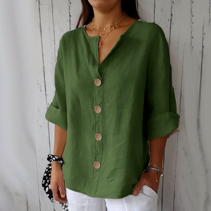 đ„ăS-5XLăNueva camiseta de mujer con cuello en V de algodĂłn y lino con botones: sencilla y elegante.