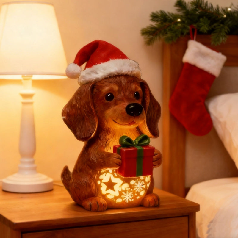 🎄🐶【Posledné tri dni! Kúpte 1 a získajte 1 zdarma】Nová svietiaca psia soška – nočné svetlo, vianočná čiapková ozdoba, svietiaca darčeková krabička, živicový vianočný darček