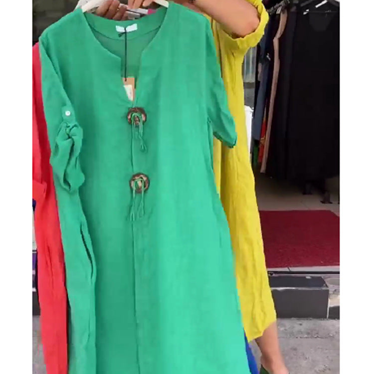 đđăS-5XLăCodzienna sukienka z baweĆny i lnu, z dekoltem w ksztaĆcie litery V