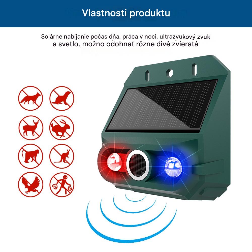 Solárny ultrazvukový odpudzovač zvierat, vhodný na odpudzovanie vtákov vo vonkajšom prostredí, s blikajúcim infračerveným svetlom a červenými a modrými LED svetlami.