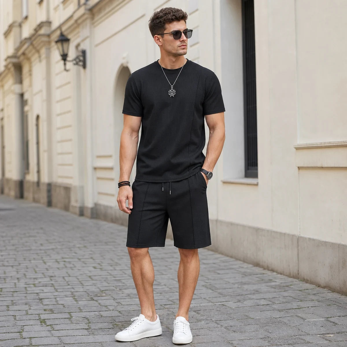 đPago contra entregađăS-3XLăConjunto de manga corta para hombre, camiseta + pantalĂłn corto (dos piezas)