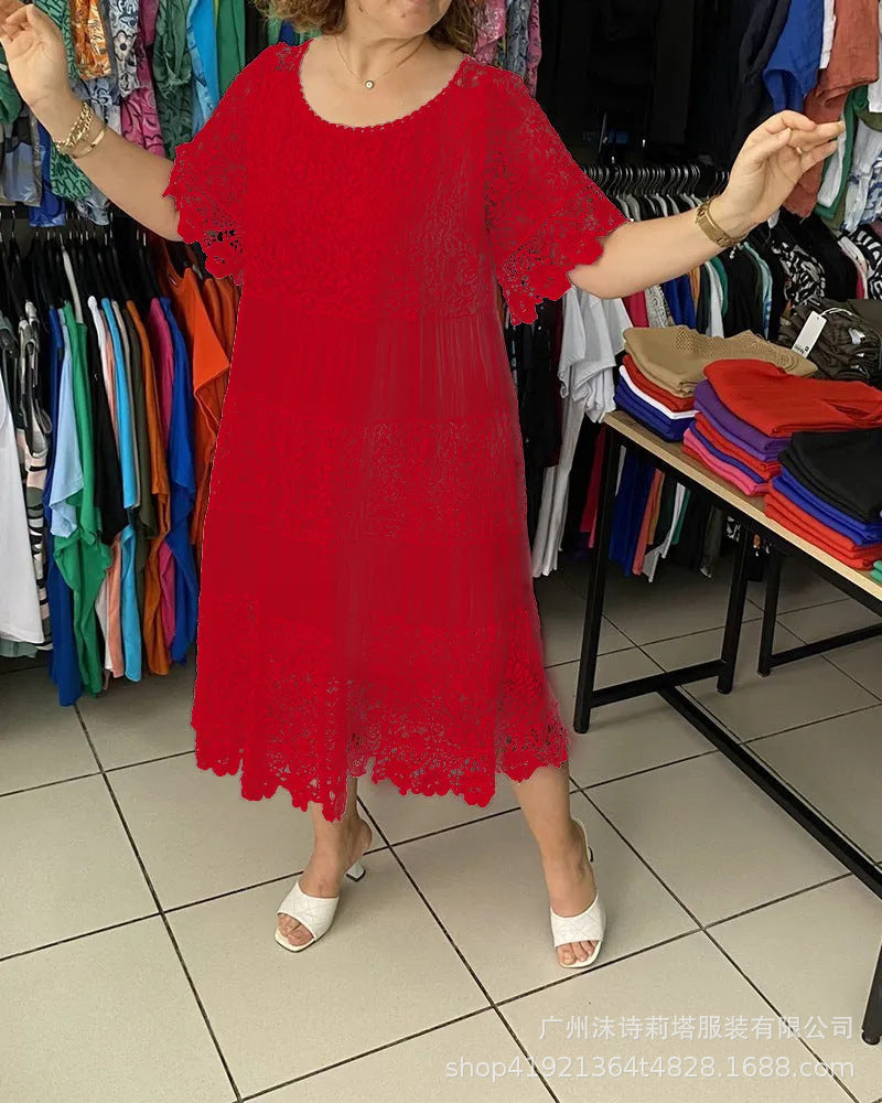 🔥【50% POPUSTA】✨✨✨【S-5XL】2026Nova haljina s kratkim rukavima, okruglim ovratnikom i čipkom.