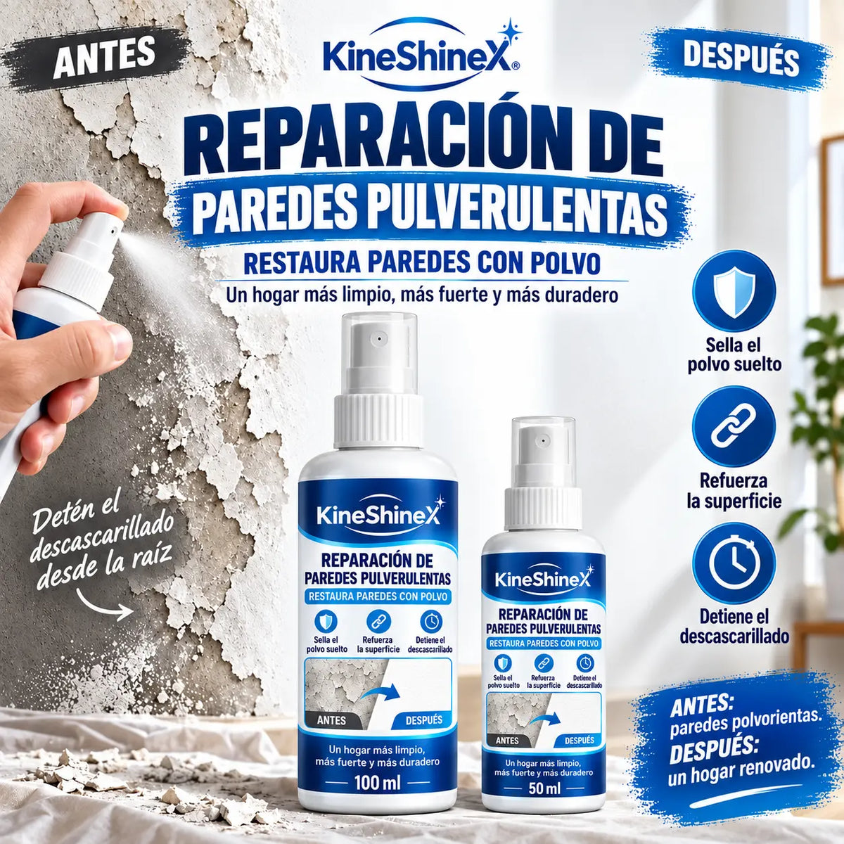 🏆100 ml + 50 ml (2 botellas)💥Agente reparador y endurecedor líquido para paredes: combina funciones de relleno, sellado y refuerzo en un solo producto.