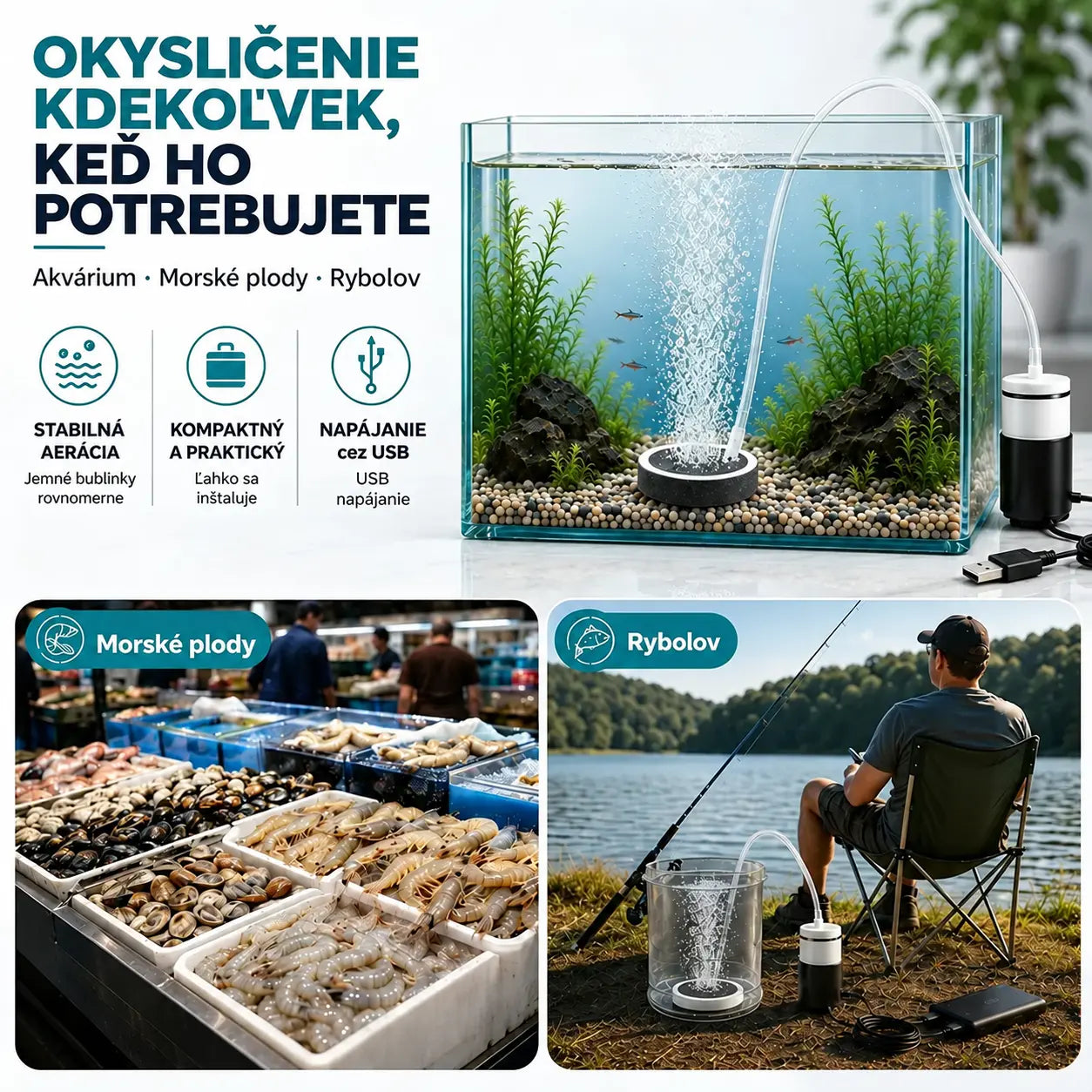 🐟🔇 USB okysličovač akvária s nastaviteľným prietokom – ultra tichý a kompaktný. Ideálny pre akvárium, prepravu rýb aj rybolov. Súčasťou balenia je 8 cm nano vzduchový disk! ✨