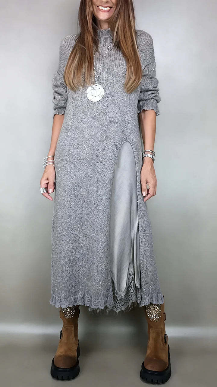 👗【XS–3XL】【-50% Rabat】Nowy dwuczęściowy koronkowy komplet ze spódnicą z rozcięciem i dzianinowym swetrem – elegancki strój na jesień i zimę