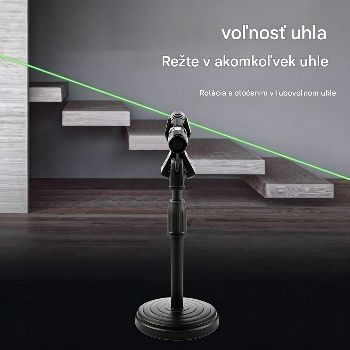 Zelený mechanický laserový ukazovateľ na polohovanie a vyznačovanie pravých uhlov; krížový laser.