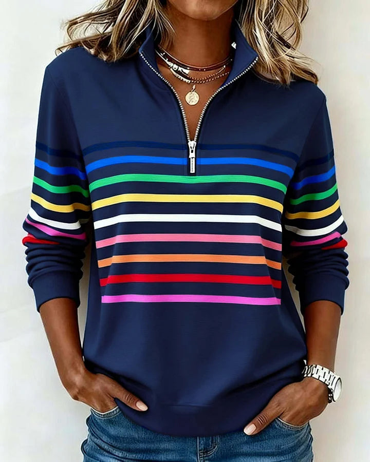 😀👉49% ZNIŻKI — Modna bluza z tęczowymi paskami i kołnierzem z zamkiem do połowy
