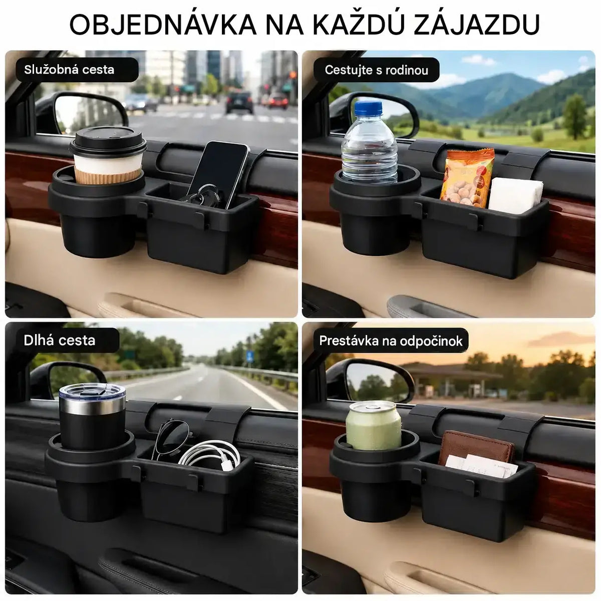 Multifunkčný držiak na dvere auta 4 v 1 – s protišmykovým držiakom na poháre, vreckom na telefón, priehradkou na karty a integrovaným háčikom 🚗🥤📱✨