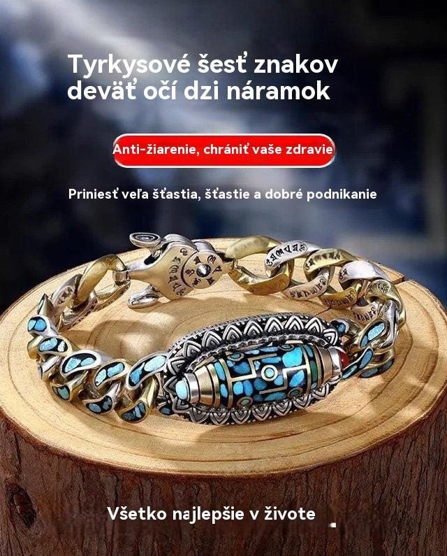 🔥Najpredávanejší ✨ Retro náramok z mincového striebra 925 s tyrkysovou mantrou a šiestimi číslicami s prenosnými korálkami