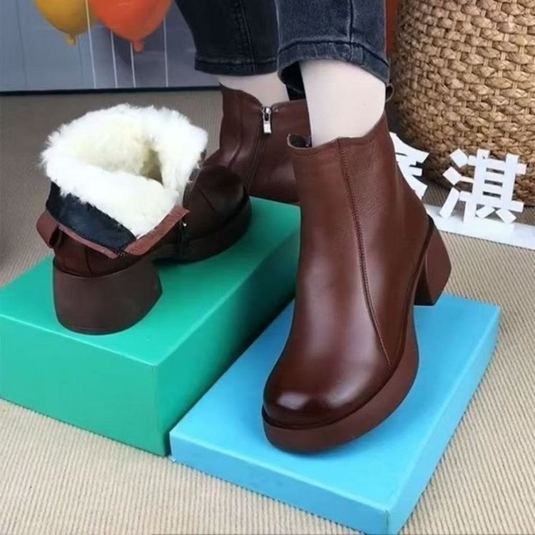 【35-40】2026 Zimowe nowe damskie botki w stylu retro plus, botki ze skóry naturalnej, ciepłe pluszowe botki