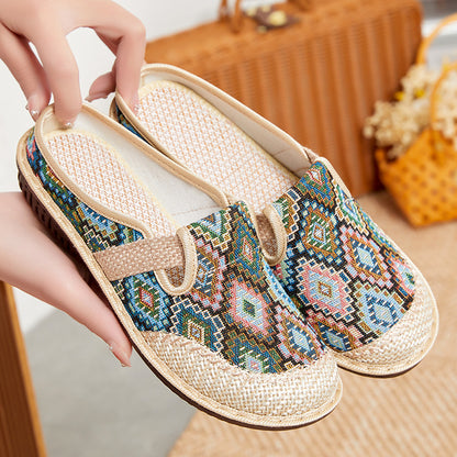 🔥👡50% zniżki 【35-41】Damskie kapcie z miękką podeszwą z haftowanego lnu, antypoślizgowe