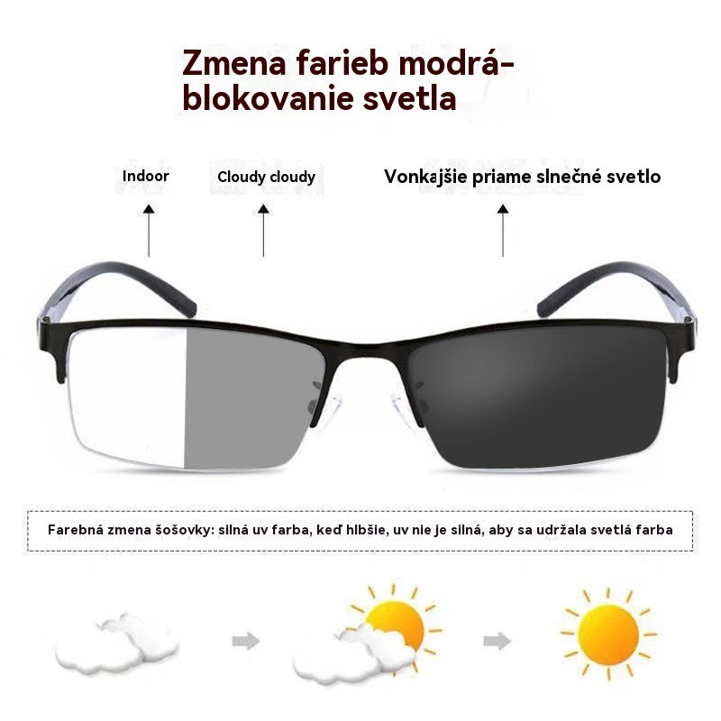 👓✨【50% zniżka】🔥 Metaliczne fotochromowe półramkowe okulary przeciwsłoneczne, antyniebieskie okulary korekcyjne, okulary przeciwsłoneczne do jazdy