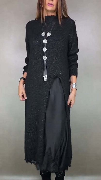 👗【XS–3XL】【-50% Zľava】Nový dvojdielny čipkovaný komplet s rozparkom a pleteným pulóvrom – elegantný jesenný a zimný outfit