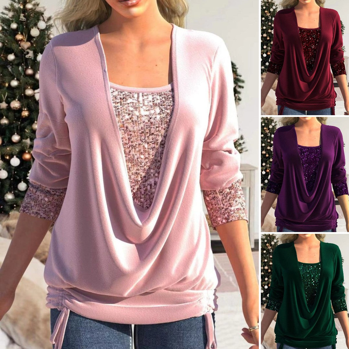 🥰【Купете едно, вземете второ безплатно】❄️【S-5XL】Нов дамски топ с дълъг ръкав и пайети, големи размери, 2025