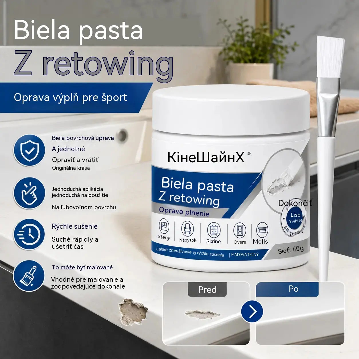 🧹🏠【2 sady 24 €】Retušovacia pasta na biely nábytok so štetcom