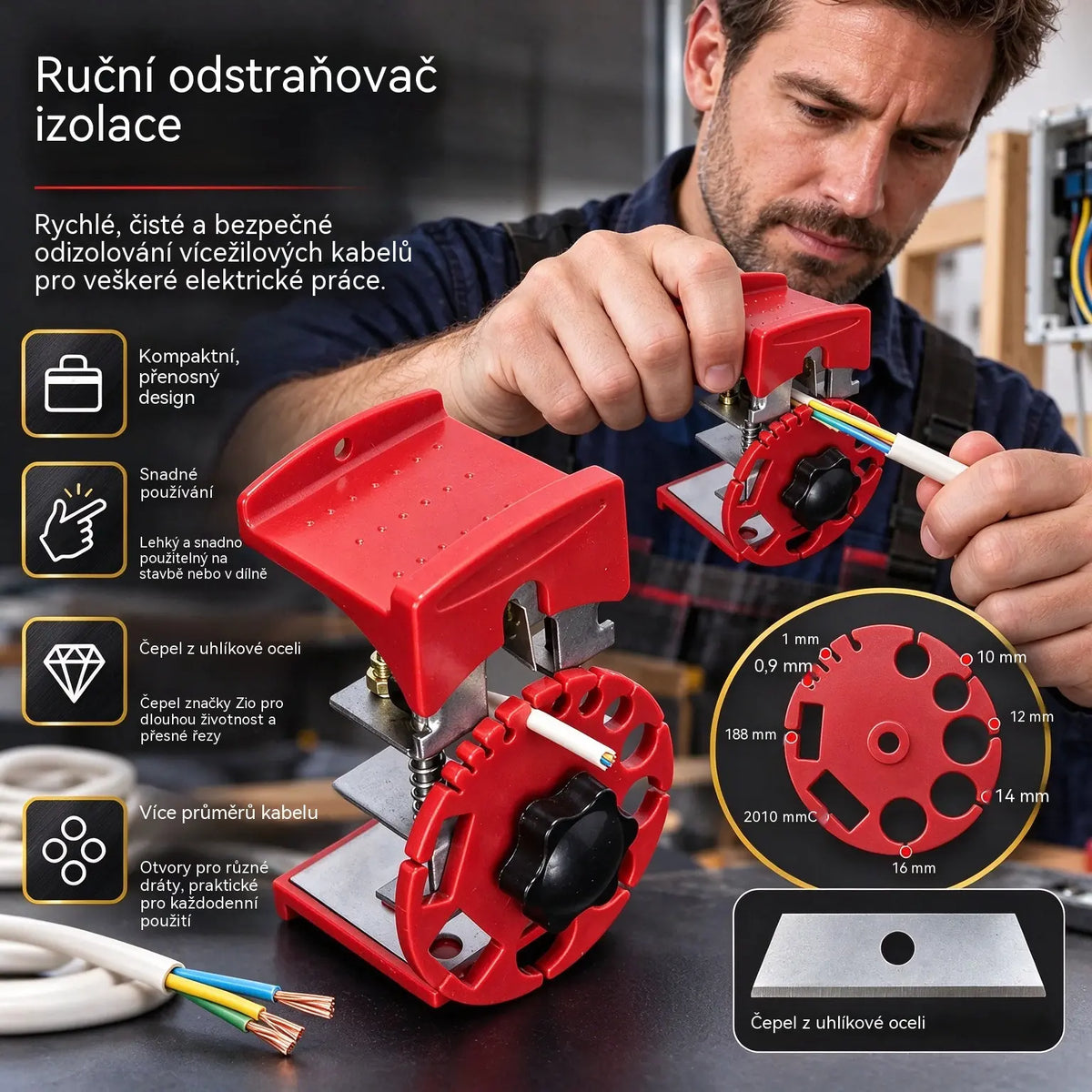 ✨【Špecifikácia + čepeľ】🔧 Univerzálny ručný nástroj na rýchle odizolovanie káblových plášťov – prenosný a praktický, ideálny na domáce použitie.