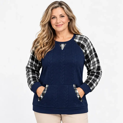 【S–2XL / 6 farieb】Jesenný/zimný károvaný sveter – voľný top s dlhým rukávom v západnom štýle (patchwork) a okrúhlym výstrihom