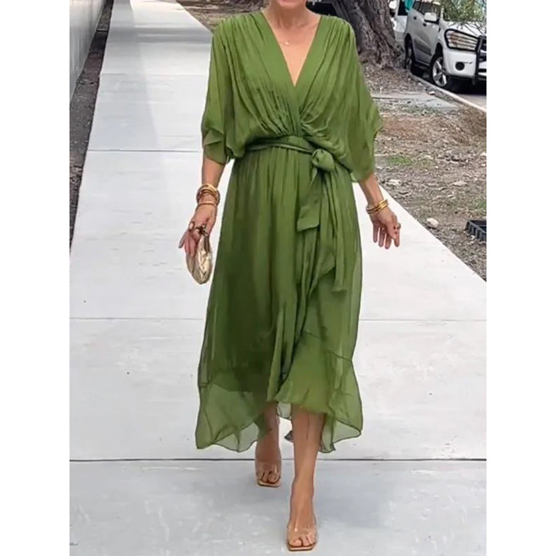 💟【S-5XL】👗 Wielokolorowa szyfonowa sukienka z koronkowym rękawem typu nietoperz
