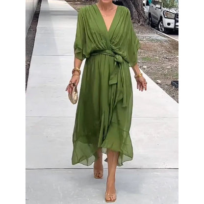 💟【S-5XL】👗 Wielokolorowa szyfonowa sukienka z koronkowym rękawem typu nietoperz