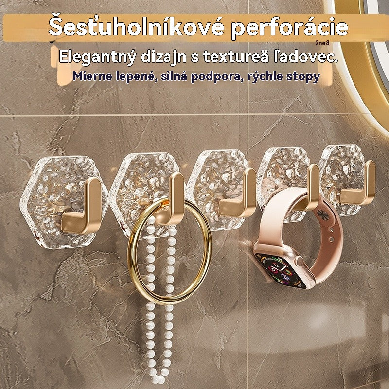 💥🏆【Kúpte 5 kusov a získajte 5 kusov zadarmo】Šesťhranné háčiky bez vŕtania. 💎 Elegantný dizajn s ľadovou textúrou - ľahko sa lepia, silná opora, nezanechávajú stopy🛁