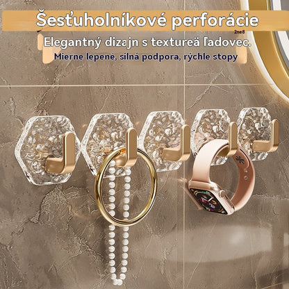 💥🏆【Kúpte 5 kusov a získajte 5 kusov zadarmo】Šesťhranné háčiky bez vŕtania. 💎 Elegantný dizajn s ľadovou textúrou - ľahko sa lepia, silná opora, nezanechávajú stopy🛁