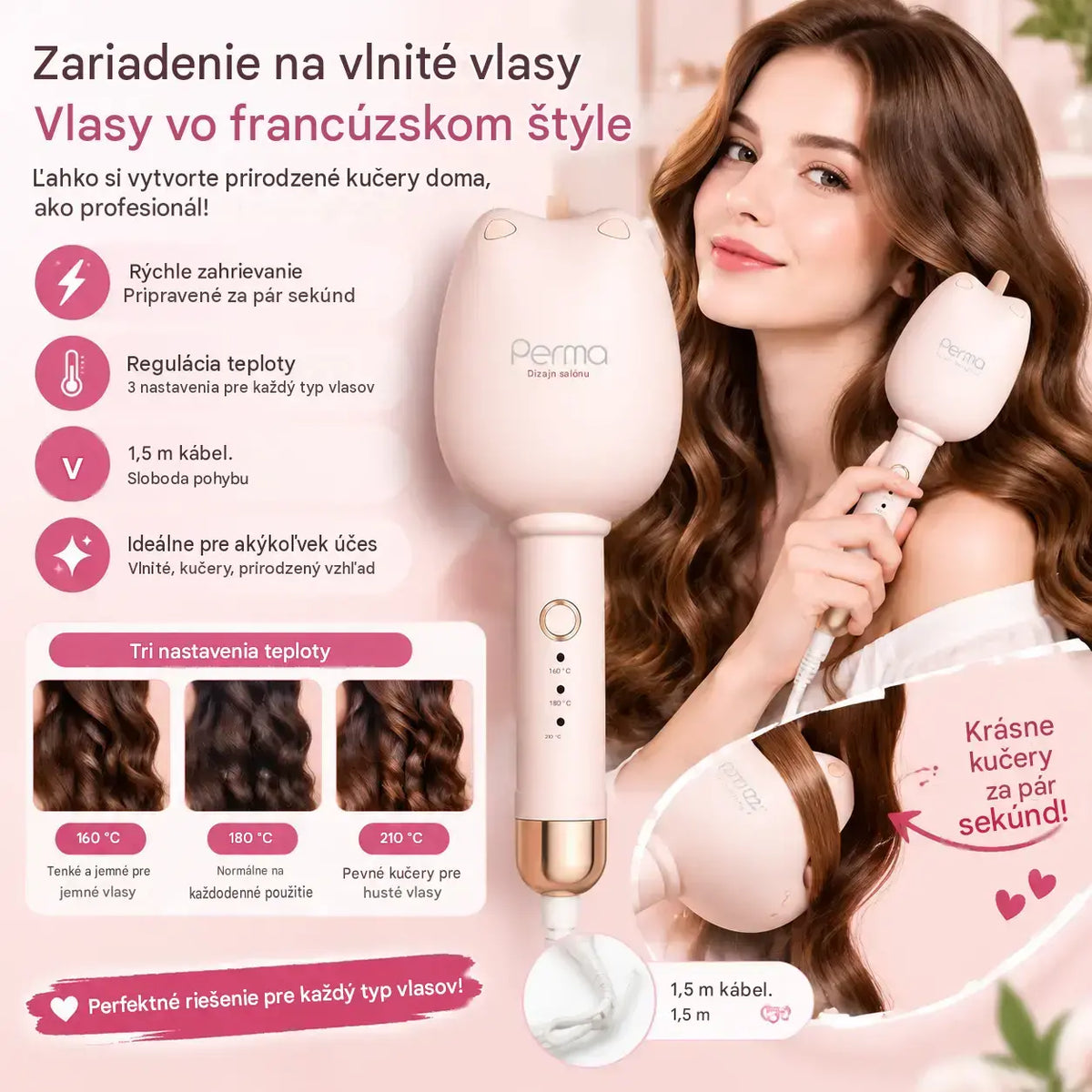 💇‍♀️ Kulma na francúzske vlny — Rýchle nahriatie, nastaviteľná teplota, dodáva sa s 1,5-metrovým napájacím káblom — Vhodná pre všetky účesy a typy vlasov! ✨