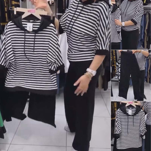 💥promovare pe timp limitat 💥 Set de top cu dungi și pantaloni uni pentru femei