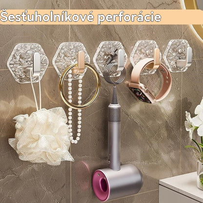 💥🏆【Kúpte 5 kusov a získajte 5 kusov zadarmo】Šesťhranné háčiky bez vŕtania. 💎 Elegantný dizajn s ľadovou textúrou - ľahko sa lepia, silná opora, nezanechávajú stopy🛁