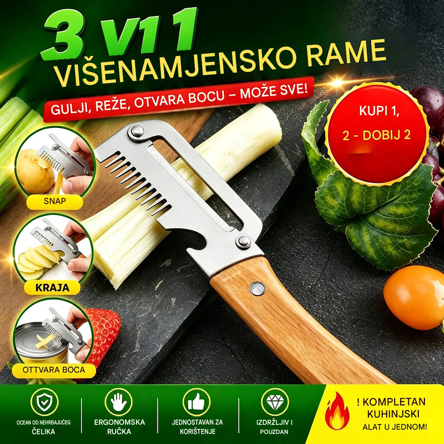 ✅【Kupite 1, dobijte 1 gratis!】🧅🔪 Višenamjenska kuhinjska gulilica 3 u 1: Guli, reže i otvara čepove za boce! 🔥