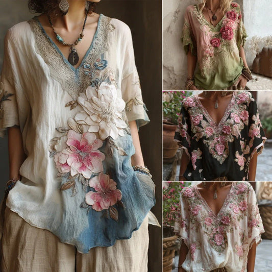 💕【Časovo obmedzená zľava - 50%】Elegantné tričko s potlačou a výstrihom do V, veľkosti S-4XL