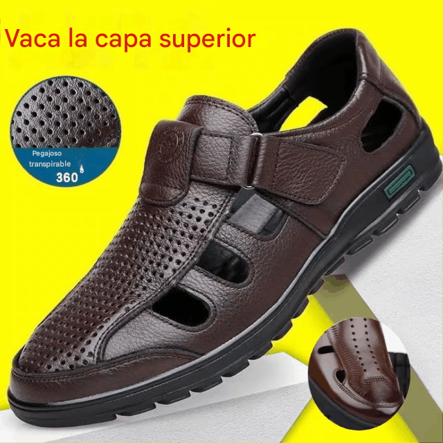 😎👞【Piel auténtica de primera calidad – Nueva versión mejorada】Sandalias de hombre de alta gama hechas de piel auténtica con diseño perforado