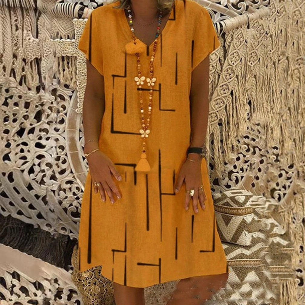 🌲【Kúp jeden, druhý dostaneš zadarmo】👗【S–5XL】Nové šaty s potlačou do V z bavlny a ľanu 🌿Priateľské k pokožke a mäkké