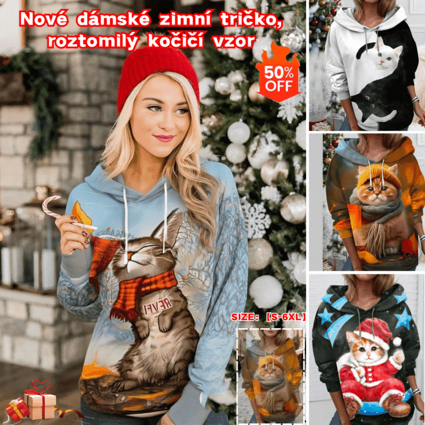 🐱🐱【S-6XL】Nové dámske zimné tričko, roztomilý mačacie vzor