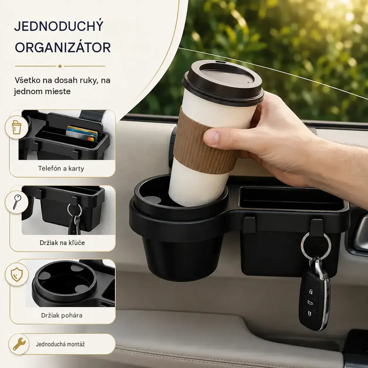 Multifunkčný držiak na dvere auta 4 v 1 – s protišmykovým držiakom na poháre, vreckom na telefón, priehradkou na karty a integrovaným háčikom 🚗🥤📱✨