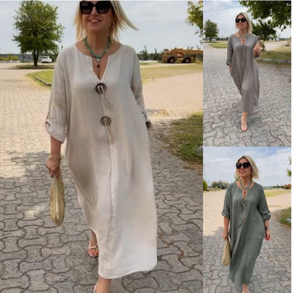 💖👗【S-5XL】Codzienna sukienka bawełniano-lniana z dekoltem w serek