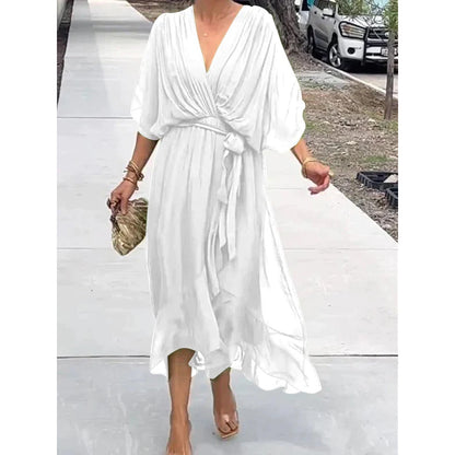 💟【S-5XL】👗 Wielokolorowa szyfonowa sukienka z koronkowym rękawem typu nietoperz