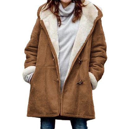 🥼🔥【Περιορισμένη προσφορά 50%】💖[S-5XL] Νέο μοντέρνο, ζεστό γυναικείο μπουφάν με κουκούλα, σουέτ και μάλλινη επένδυση, του 2025
