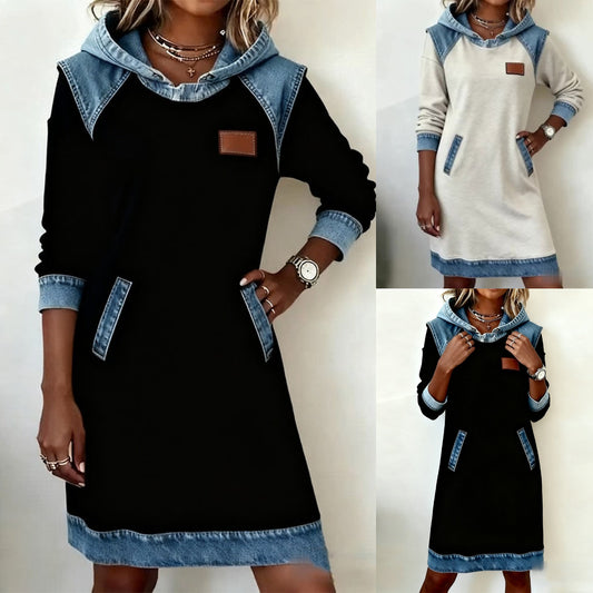 🔥40%OFF🌷🌞 Nuevo vestido vaquero con capucha y patchwork, ideal para el invierno