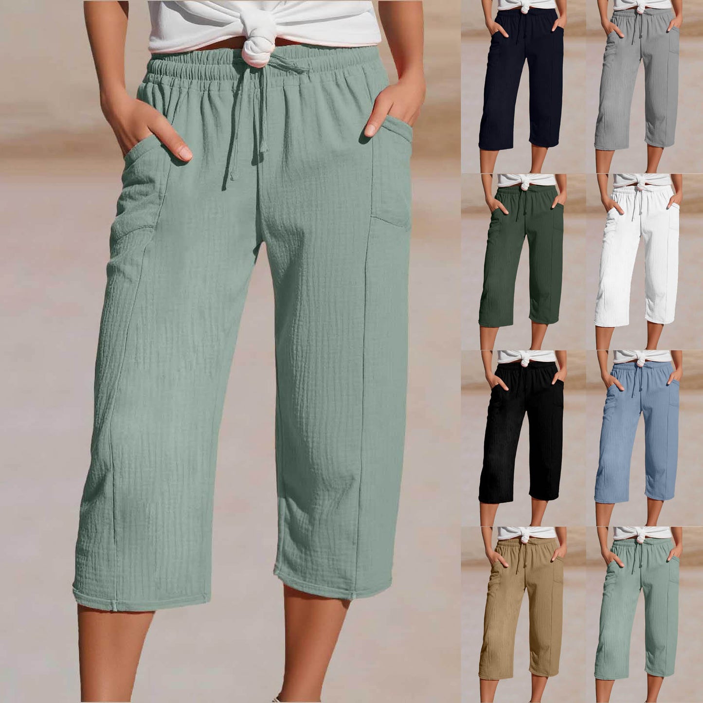 🌸[50% de descuento por tiempo limitado] Pantalones capri plisados de algodón y lino de color liso