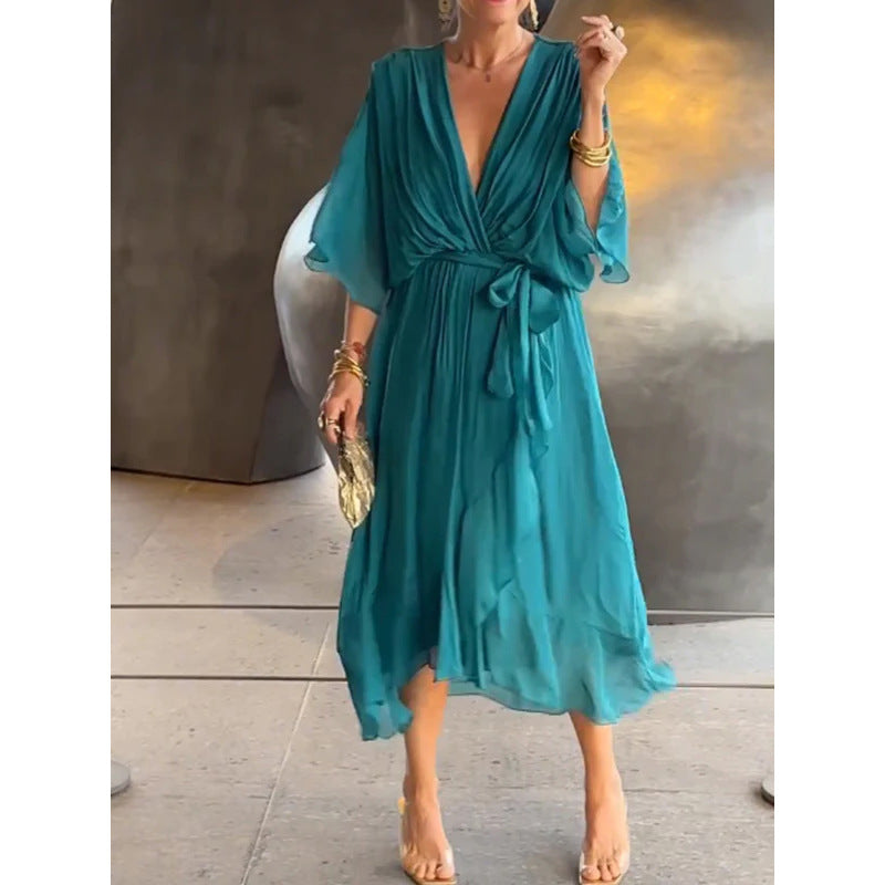 💟【S-5XL】👗 Wielokolorowa szyfonowa sukienka z koronkowym rękawem typu nietoperz
