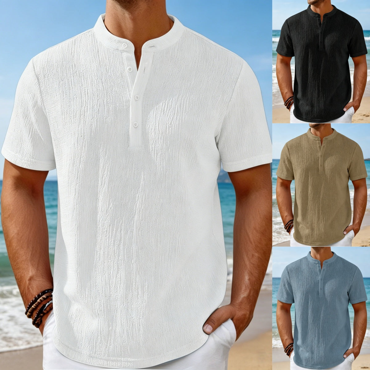 【S-4XL】Camiseta de hombre con una textura espectacular y cuello Henley: cómoda y elegante para el día a día.