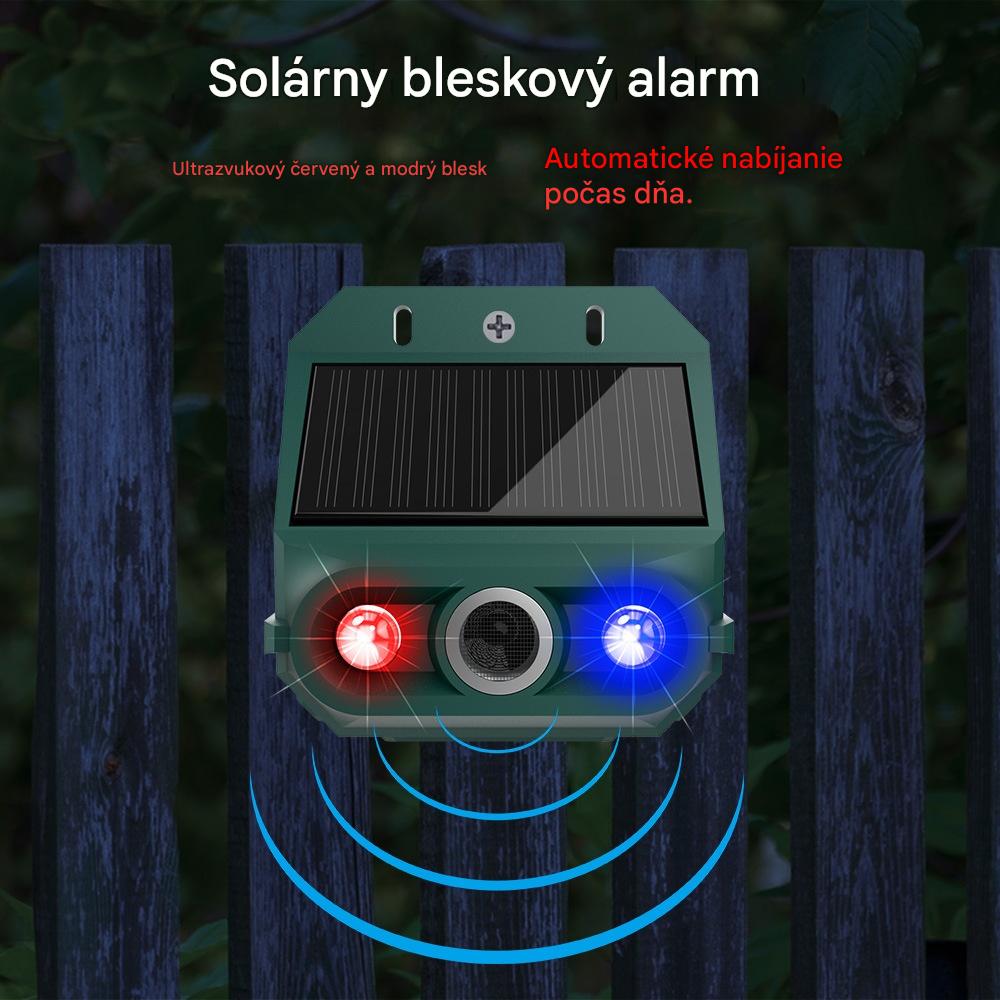 Solárny ultrazvukový odpudzovač zvierat, vhodný na odpudzovanie vtákov vo vonkajšom prostredí, s blikajúcim infračerveným svetlom a červenými a modrými LED svetlami.