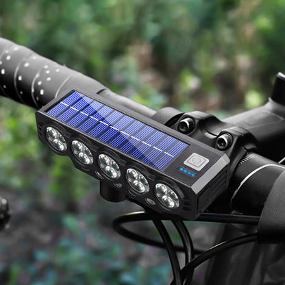 Solárne napájaný svetlomet na bicykel s USB nabíjaním a reproduktorom, 900 lúmenov, dlhotrvajúce a odolné nočné svetlo.