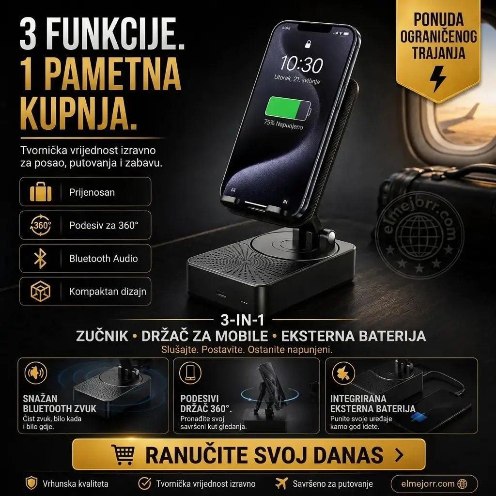 🔥 3 u 1: Bluetooth zvučnik + punjač + stalak za telefon od 360° 📱🔊⚡