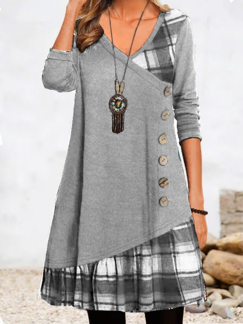 🍂👗49% TANIEJ -【S-3XL】 2025 Nowa elegancka sukienka w kratę z dekoltem w serek i długim rękawem