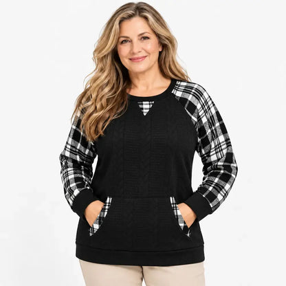【S–2XL / 6 farieb】Jesenný/zimný károvaný sveter – voľný top s dlhým rukávom v západnom štýle (patchwork) a okrúhlym výstrihom